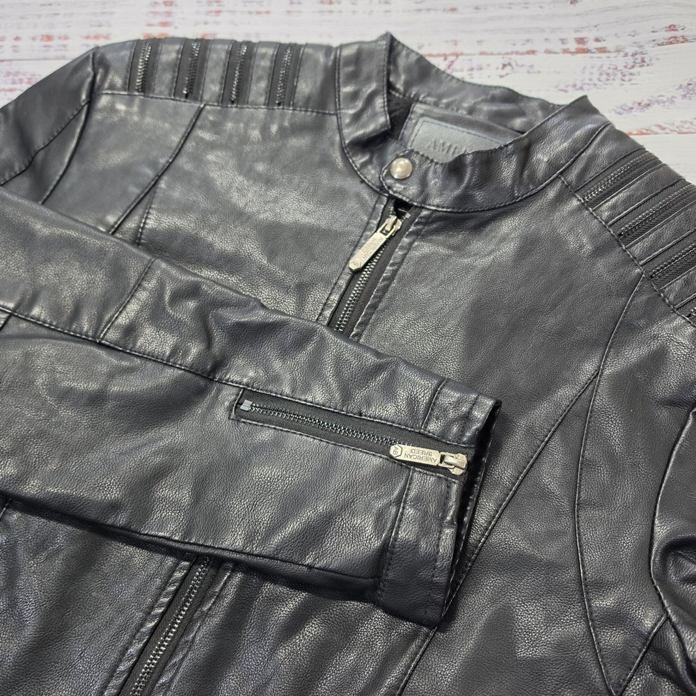 American Breed Moto Jacket Mens Medium Black Excellent Faux Leather Fleece Lined